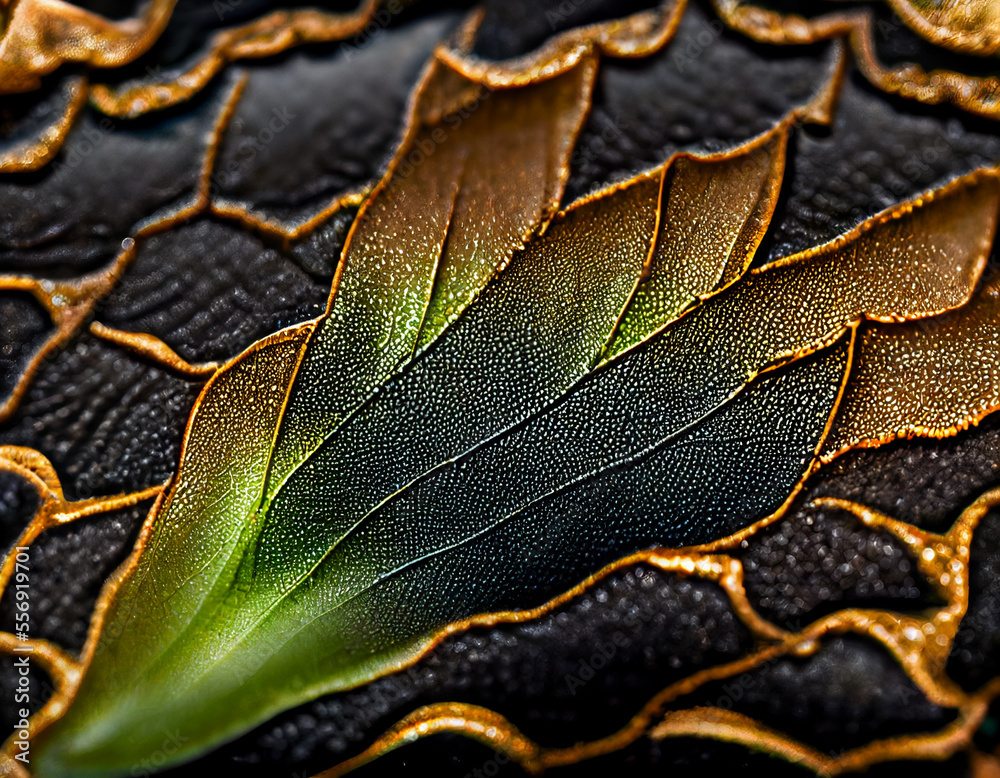 Poster Close up Beautiful abstract leaf in light. Minimalism modern style concept. Dark Background pattern for design.	