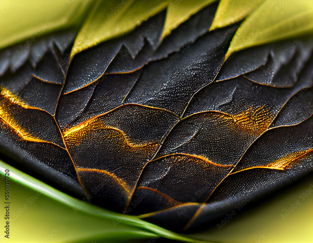 Poster Close up Beautiful abstract leaf in light. Minimalism modern style concept. Dark Background pattern for design.	