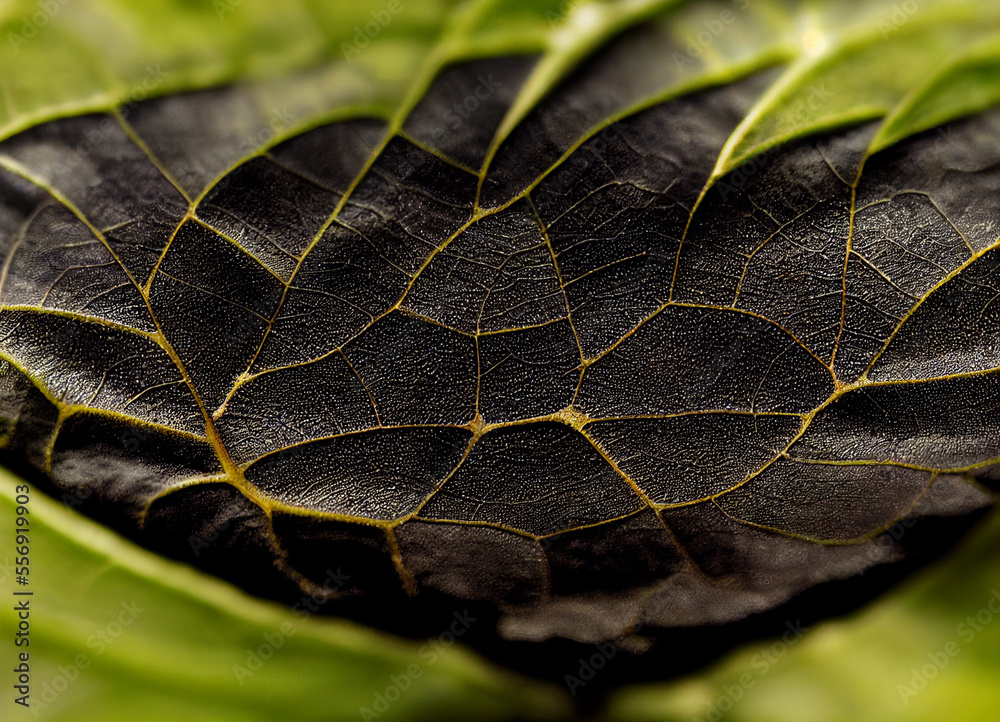 Poster Close up Beautiful abstract leaf in light. Minimalism modern style concept. Dark Background pattern for design.	