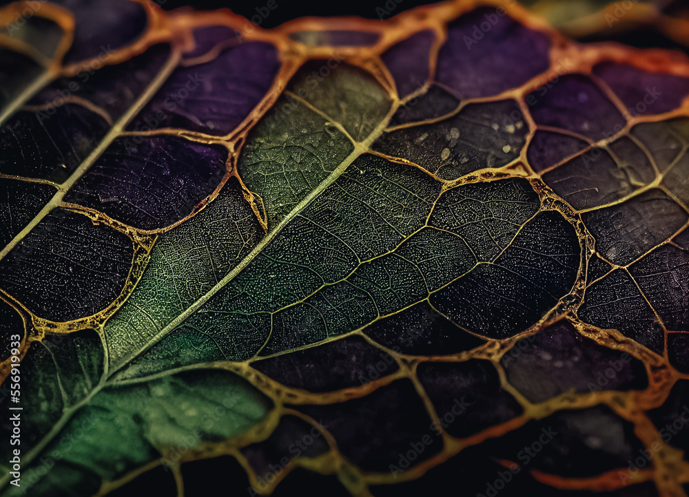 Poster Close up Beautiful abstract leaf in light. Minimalism modern style concept. Dark Background pattern for design.	