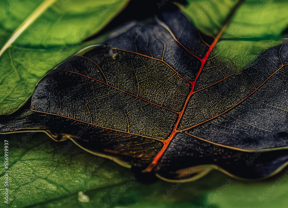 Poster Close up Beautiful abstract leaf in light. Minimalism modern style concept. Dark Background pattern for design.	