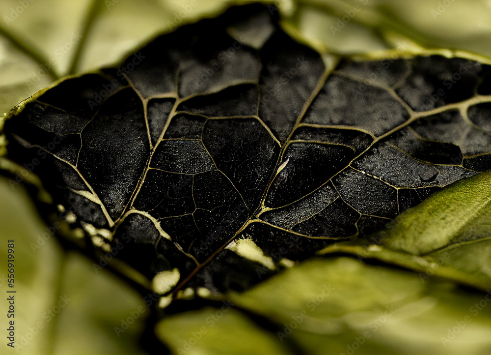 Poster Close up Beautiful abstract leaf in light. Minimalism modern style concept. Dark Background pattern for design.	