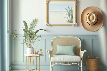 Mockup frame in interior background with rattan furniture in light pastel colors, Coastal style,. Generative AI