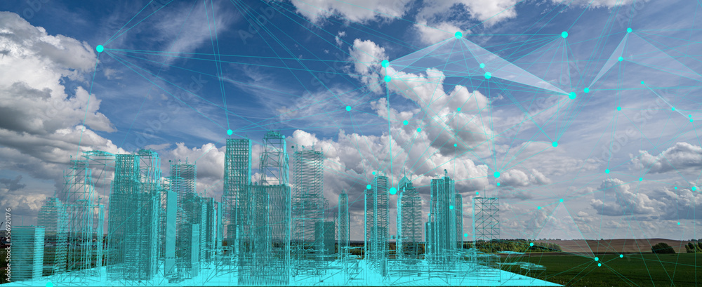 Poster smart city and abstract polygon pattern connection with speed line light, big data connection techno