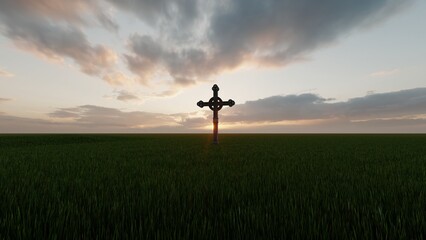 Obraz na płótnie Canvas cross in the grass field 3d render