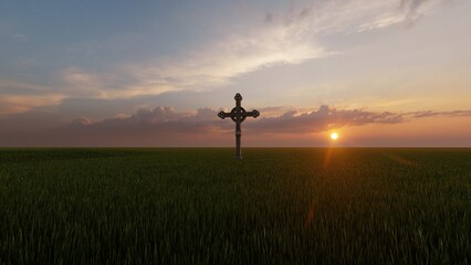 Fototapeta na wymiar cross in the grass field 3d render