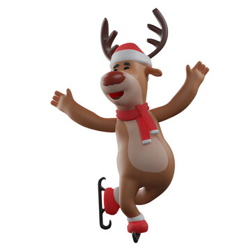   3D illustration. Attractive 3D Christmas Reindeer image enjoying ice skating. with crossed legs. showing a cute smile. 3D Cartoon Character