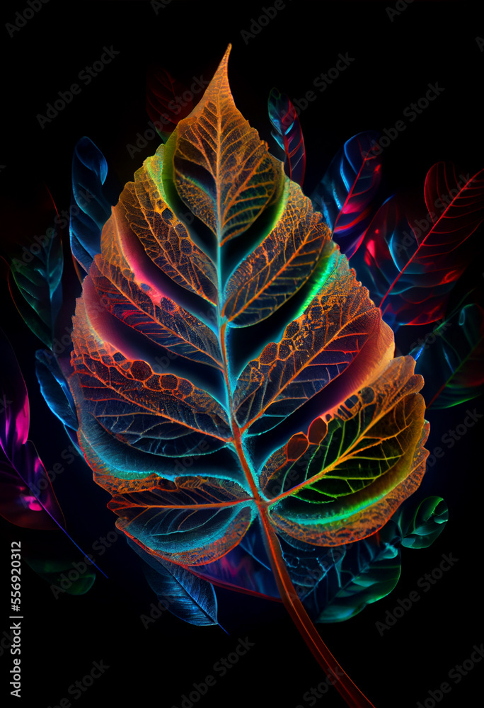 Poster close up beautiful abstract leaf in colorful light. minimalism modern style concept. dark background