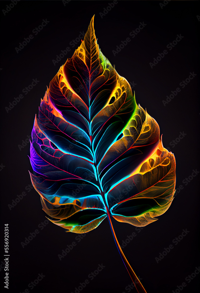Aufkleber Close up Beautiful abstract leaf in colorful light. Minimalism modern style concept. Dark Background pattern for design.	