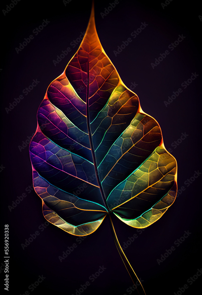 Poster close up beautiful abstract leaf in colorful light. minimalism modern style concept. dark background