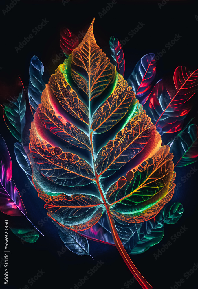 Aufkleber Close up Beautiful abstract leaf in colorful light. Minimalism modern style concept. Dark Background pattern for design.	