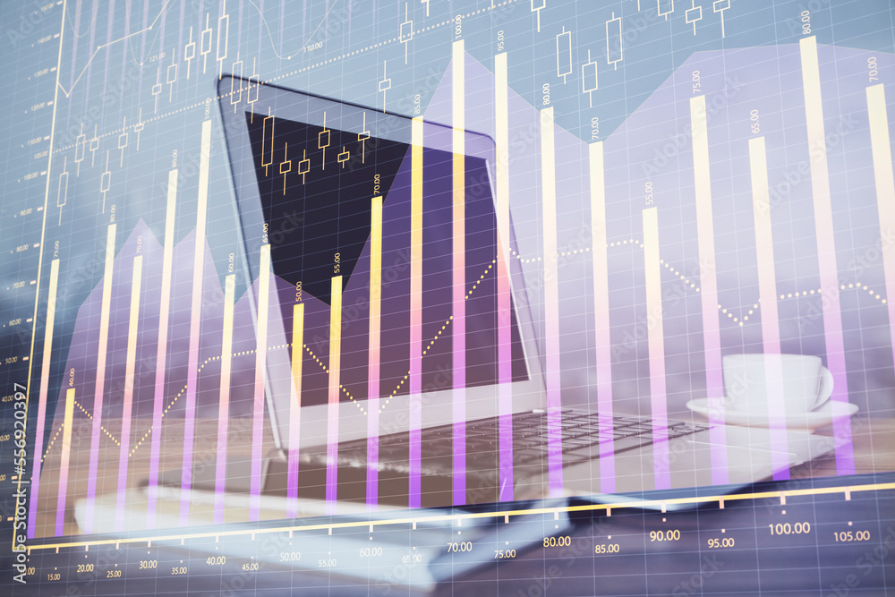 Poster Stock market graph and table with computer background. Double exposure. Concept of financial analysis.
