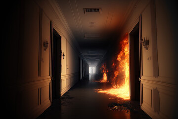 a burning hallway in a residential building. Generative AI