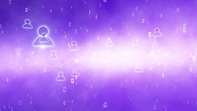 Pink blue shine digital people icons with binary code looped background.