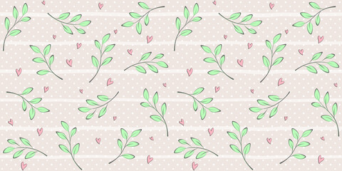 Fototapeta na wymiar Green twigs, branches with leaves and small hearts on a beige background with polka dots and stripes. Spring endless texture. Vector seamless pattern for surface texture, giftwrap, packaging and print