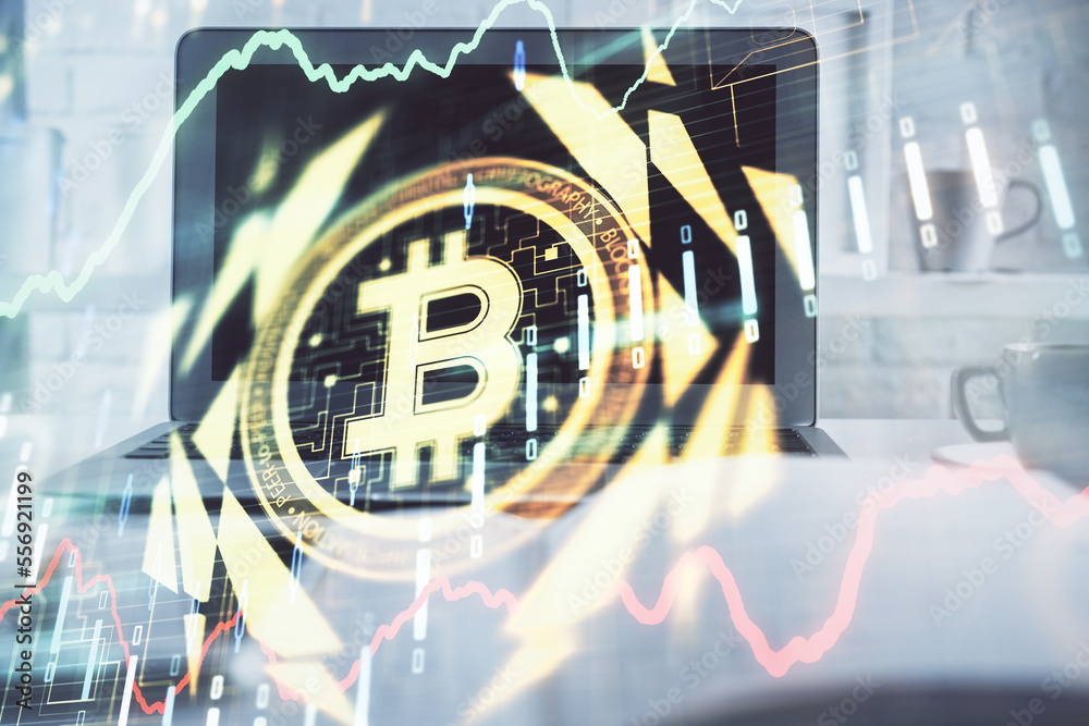 Poster Multi exposure of blockchain theme hologram and table with computer background. Concept of bitcoin crypto currency.