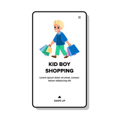 kid boy shopping vector. child shop, mall happy, little store, family children, customer cheerful kid boy shopping web flat cartoon illustration