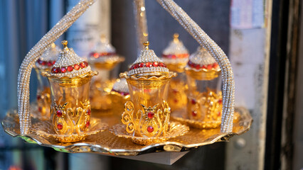 Turkish tea glass set, traditional tea presentation, glass processing art, with space and writing area