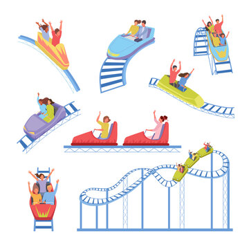 Roller Coaster. Happy Kids Riding On Funny Attraction Russian Mountains Fast Scary Rides. Vector Cartoon Templates