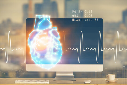 Desktop computer background and heart drawing. Double exposure. Medical study and healthcare concept. - Powered by Adobe