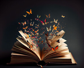 An open book with butterflies coming out of it ideal for fantasy and literature backgrounds