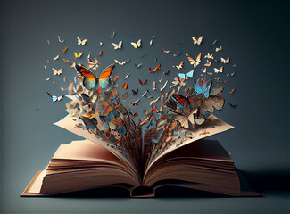 Obraz premium An open book with butterflies coming out of it ideal for fantasy and literature backgrounds