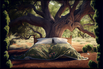 Bed under an oak tree suggesting summer, nap and siesta - obrazy, fototapety, plakaty