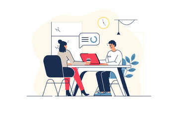 Workflow concept in flat line design with people scene. Man and woman employees working at office together, business communication, teamwork at project, job organization. Illustration for web