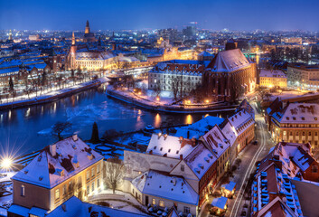View from the tower on the cathedral island in winter. Wroclaw, Poland.