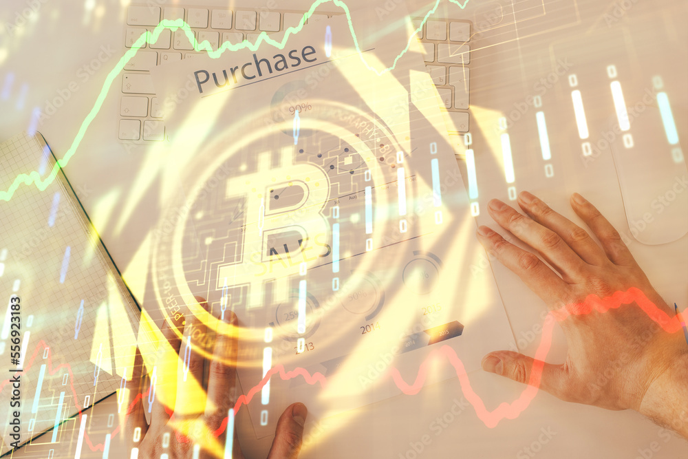 Poster Man's hands working with notes background. Cryptocurrency and finance concept.