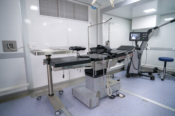 Medical equipment and devices in the operating room of a hospital emergency room.