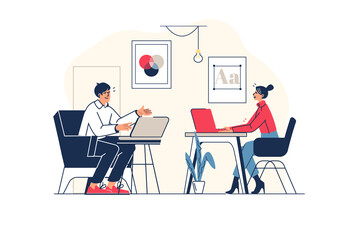 Creative agency concept in flat line design with people scene. Woman and man working as designers and artists, creating new ideas for projects, discussing tasks at office. Illustration for web - obrazy, fototapety, plakaty