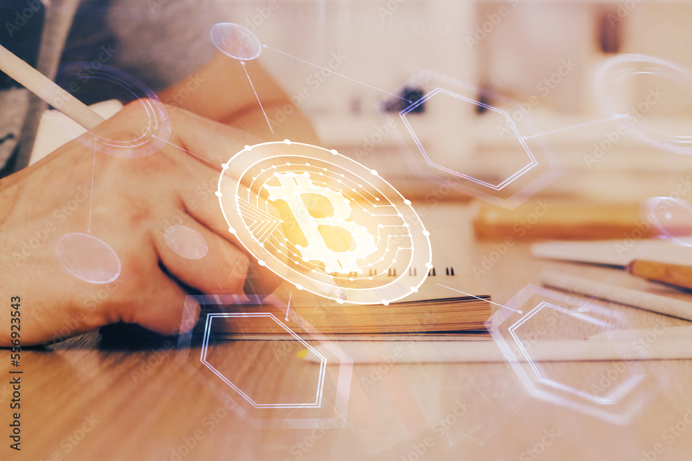 Aufkleber man's hands working with notes background. cryptocurrency and finance concept.