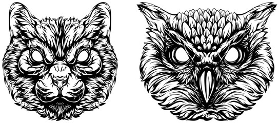 Obraz premium Black and white hand drawn face of cat and owl. Tattoo illustration mascot art.