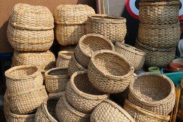 Wicker baskets are sold at a bazaar in Puri, Orissa, India.