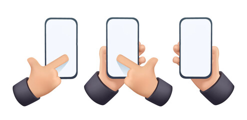 Smartphone in hand realistic 3D cartoon. Hand holding mobile smart phone. Modern mockup. 3D render vector design icon. Vector illustration. Mobile app design mockup, modern responsive web