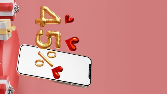 Valentine's Day concept. 45% discount sign in the form of golden balloons on smartphone with copy space for text. discount concept. offer concept. vertical