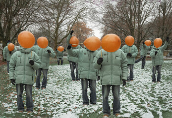 Composite collage image many men with orange balloons instead of heads isolated in the creative...