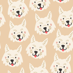 Beautiful seamless pattern with cartoon cute dogs. Breed - west highland terrier. Good for wallpaper, pattern fills, greeting cards, webpage backgrounds, wrapping paper and textile or fabric. Vector - 556925724