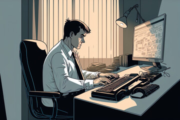 manager with a white shirt working at a keyboard in an official office environment. Generative AI