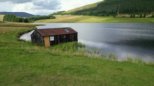 Aerial view of Loch Shandra in Angus, Scotland