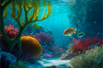 Colorful multicolored underwater landscape with coral fish and algae in blue water and sun rays Sea background cartoon illustration.AI generated.