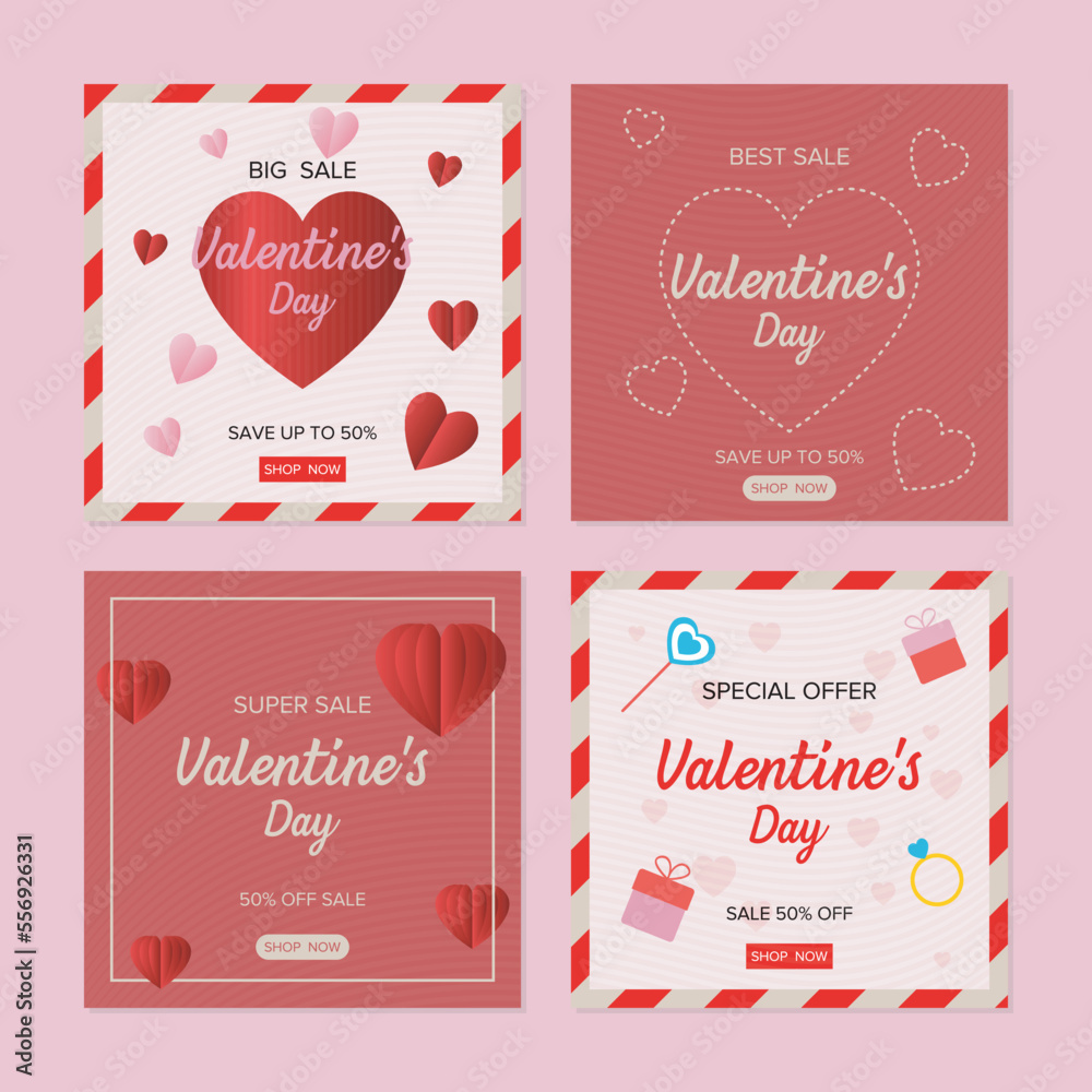 Wall mural set of valentines day letter style instagram post template with hearts, gifts, ring, candies and paper hearts