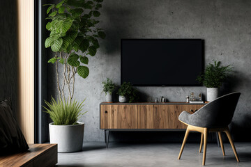 On the background of a concrete wall is a wood cabinet TV in a contemporary living room with a chair and a plant. Generative AI