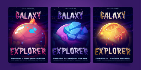 Set of planetarium banner templates. Cartoon vector illustration of alien planets glowing with neon craters against starry dark sky background. Space galaxy exploration, astronomy science event promo