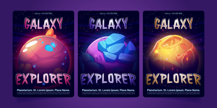 Set of planetarium banner templates. Cartoon vector illustration of alien planets glowing with neon craters against starry dark sky background. Space galaxy exploration, astronomy science event promo