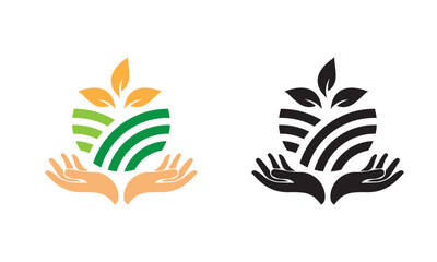 hands holding  plant and land. vector logo icon.