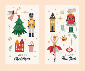 Merry Christmas, New Year set with Nutcracke, Ballerina, Mouse King. Christmas card with three and toys. - 556927352