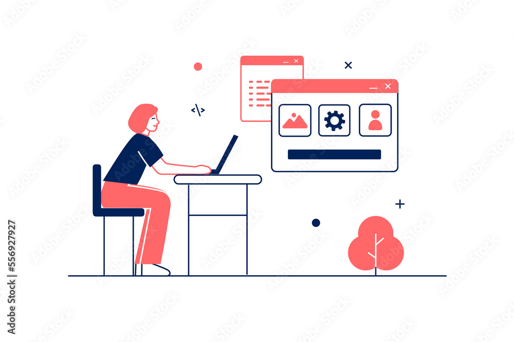 Poster ui ux programming concept in flat line design with people scene. woman creates user interface layout