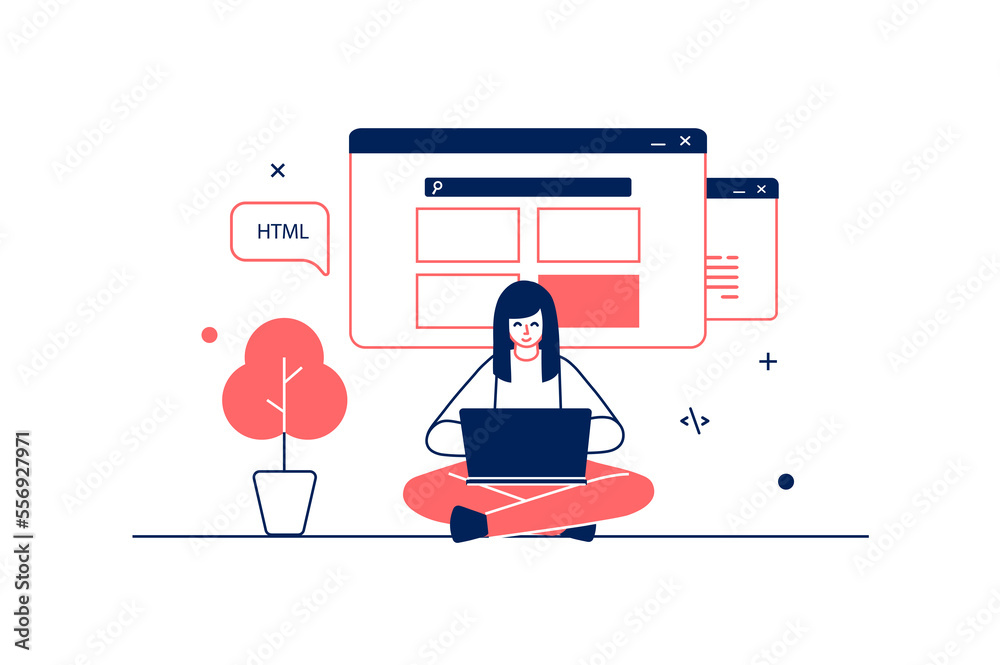 Poster web development concept in flat line design with people scene. woman creates site layouts and optimi